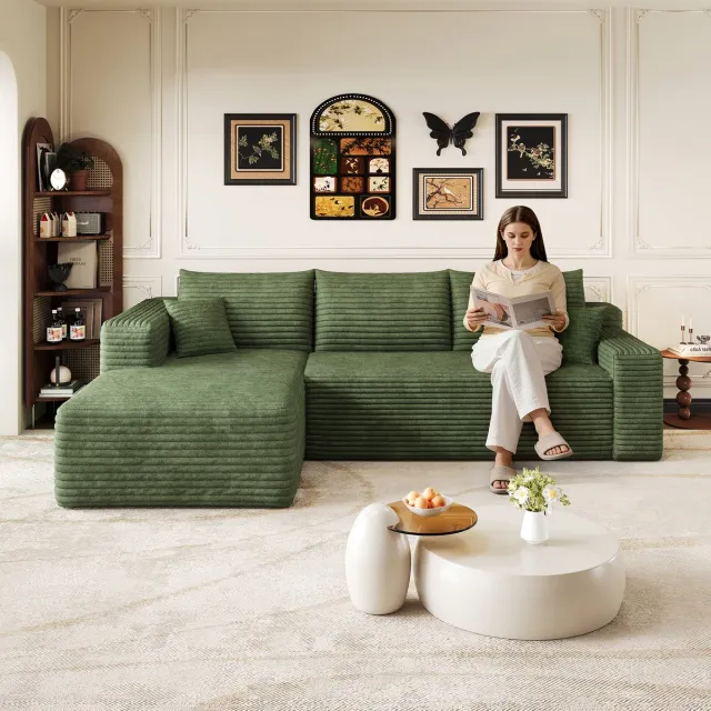 Zubaliya Lounge Hoekbank 3-Zits - Ribstof Cloud Sofa Met Diepe Zit - Moderne L Bank Voor Woonkamer - Groen