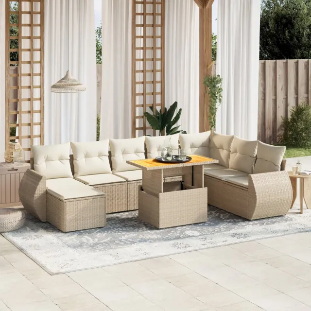 vidaXL 9-delige Loungeset met kussens poly rattan beige, foto 2