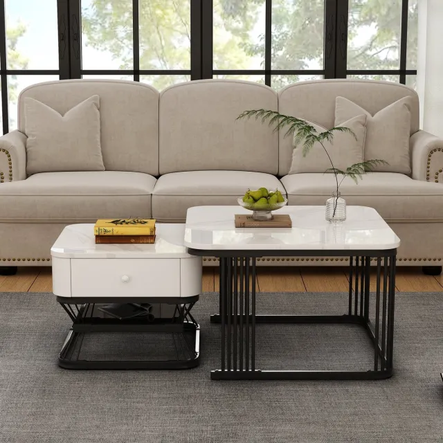 Wishdor Salontafelset - 2-Delig - Hoogglans Marmerlook - Minimalistisch - Voor De Woonkamer - MDF En Metaal - Wit En Zwart - 70 X 70 X 45 Cm + 50 X 50 X 40 Cm