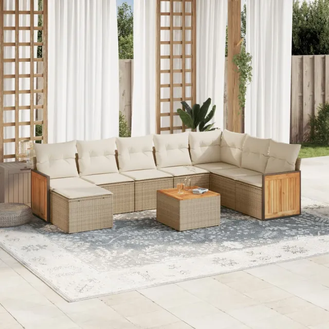 vidaXL 9-delige Loungeset met kussens poly rattan beige, foto 2