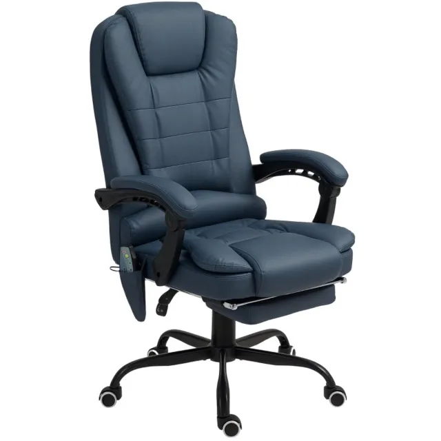 REDOM Bureaustoel - 7 vibratiepunten - Verstelbare rugleuning en uitschuifbare voetsteun - 360° draaibaar met wielen - Kunstleer - Blauw - 67 x 67 x 111-121 cm