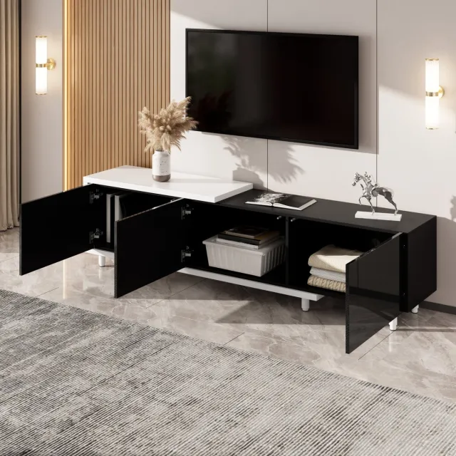 MIVRAY Televisiemeubel - Uitschuifbaar Met 3 Hoogglans Deuren - Voor Woonkamer En Slaapkamer - MDF En Spaanplaat - Zwart Wit