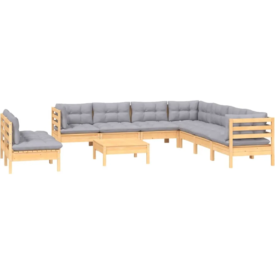vidaXL 10-delige Loungeset met grijze kussens massief grenenhout Grijs