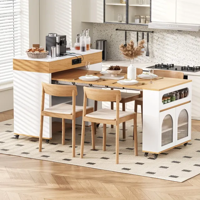 DESMIU Eettafel - Uitschuifbaar Keukeneiland Met Wielen En Stopcontact - Met Lade En Opbergruimte Voor Keuken En Eetkamer - MDF - 110,5x50,5x95,5 Cm - Wit Naturel
