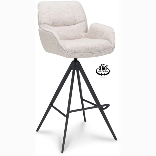 Icon Living Barkruk Lizz - Met Arm - Zithoogte 80 - Stof Alpine Natural - Poot Zwart 360° Return-system Wit