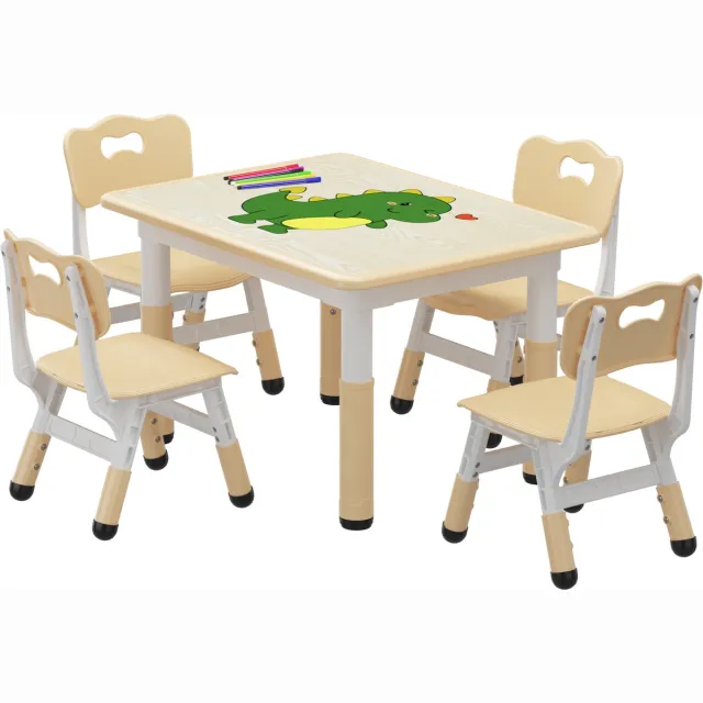 HOERFURIY Kindertafel met 4 in hoogte verstelbare stoelen - beschrijfbaar en afwisbaar tafelblad + antislipvoetjes - voor kinderen van 2-10 jaar - thuis/crèche/school - eikenhout