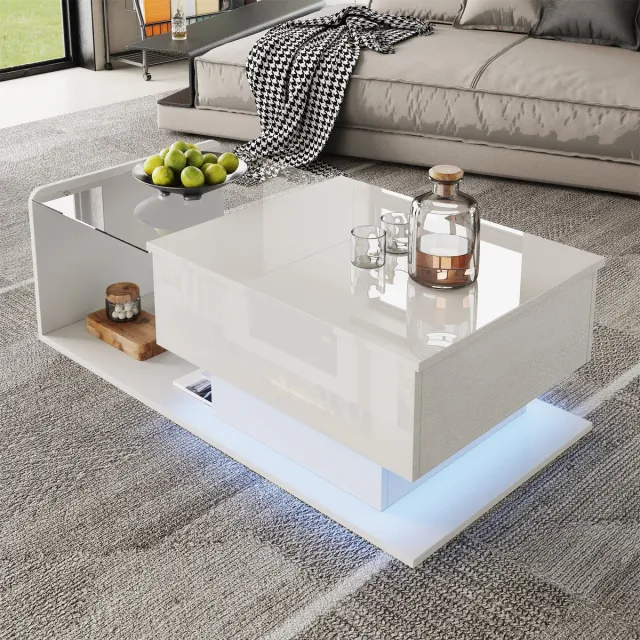 DESMIU Salontafel - Verstelbare Hoogte Met Ledverlichting En Opbergruimte - Voor Wonen Werken En Ontspannen - Spaanplaat En Glas - 100x50x47,5 Cm - Wit