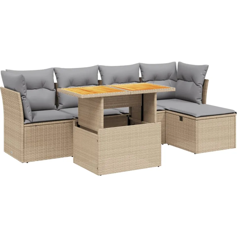 vidaXL 6-delige Loungeset met kussens poly rattan beige, foto 3