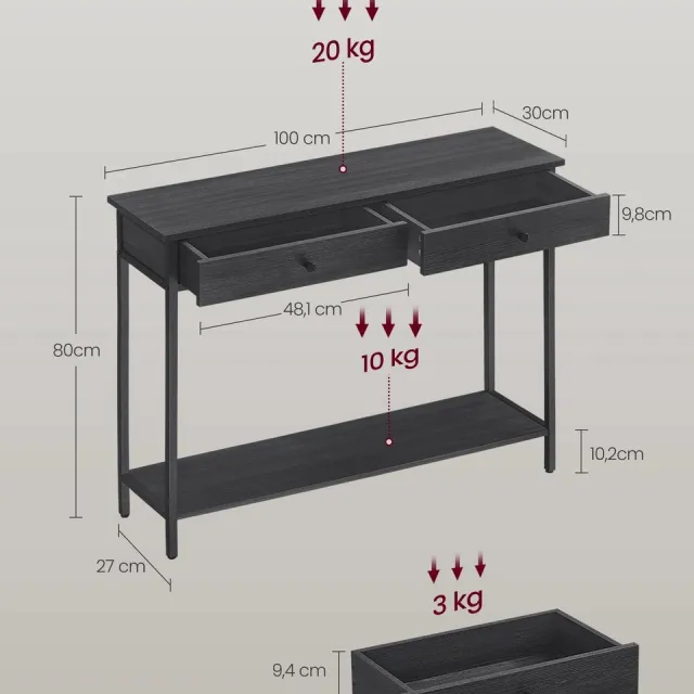 PRIMO HOME Prime Home bijzettafel - Consoletafel- Haltafel - Bijzettafels - 2 lades - Houtspaanplaat - Staal - 100 x 27 x 80cm - Zwart