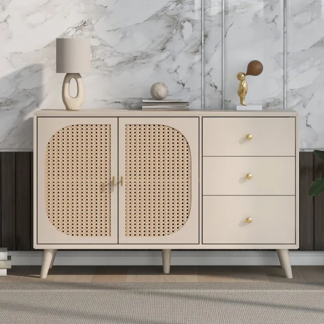 Pugsdrly Eetkamer Woonkamer Dressoir Commode Staande kast Opbergruimte Dressoir TV-tafel met deuren en lades Dressoir met grote opbergruimte Offwhite Crème Breedte 120 cm Gebroken wit