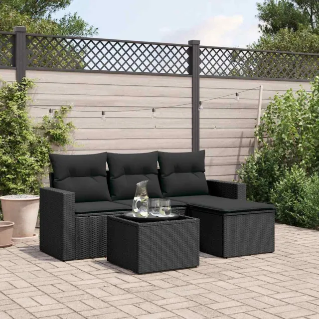 vidaXL 5-delige Loungeset met kussens poly rattan zwart, foto 2