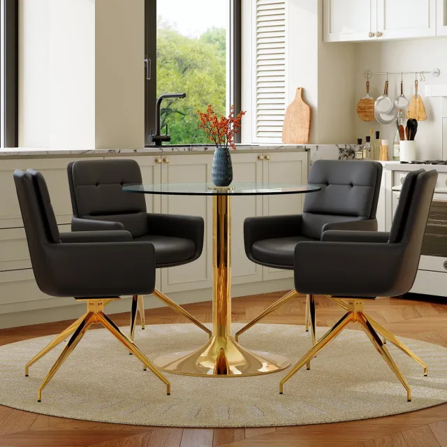 MODENUIT Eettafelset 85 cm - Ronde Tafel Met Geharde Glasplaat - Voor Eetkamer En Café - Glas, Metaal, PU - Zwart Goud Zwart, Goud, Transparant