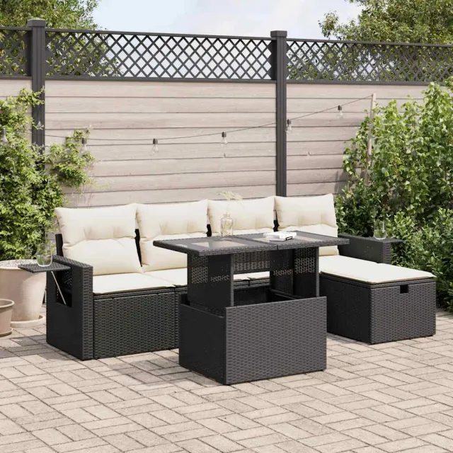 vidaXL 6-delige Loungeset met kussens poly rattan zwart, foto 2