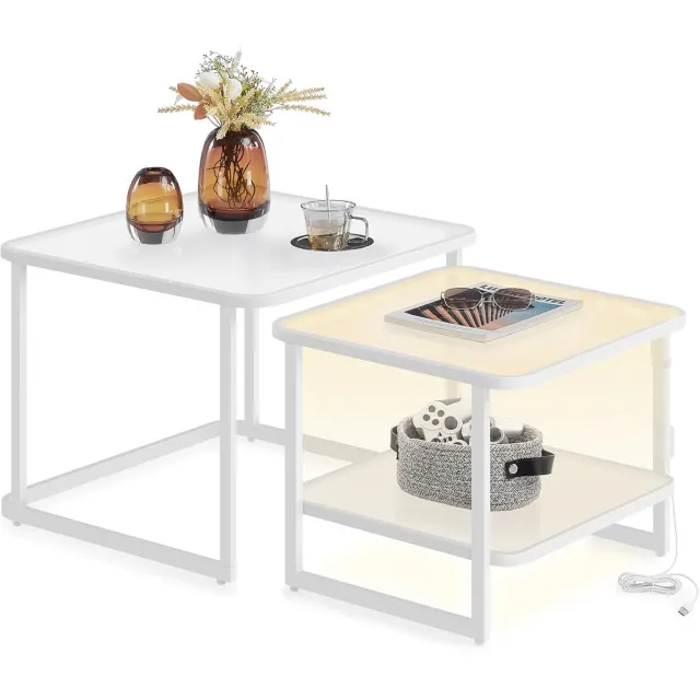 FurnStar Salontafel - Set van 2 met LED-Verlichting - Vierkante Bijzettafel - Modern - Melkglas - Onderste Plank - Wolkenwit-Parelwit - LCT246W01