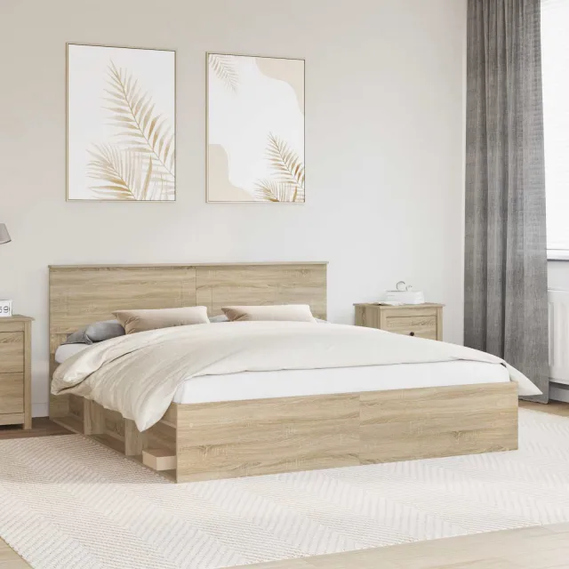vidaXL Bedframe met hoofdeinde Sonoma 200 x 200 cm Bewerkt hout Bruin