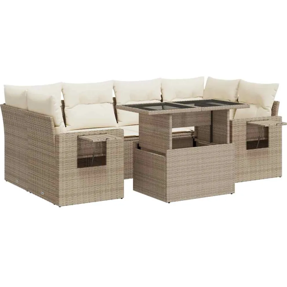 vidaXL 7-delige Loungeset met kussens poly rattan beige, foto 3