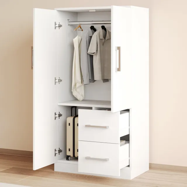 MODFU Kledingkast - Met Dubbele Deuren En 2 Laden - Voor Hoogslaper - Hout En MDF - Wit - 70 X 40 X 135 Cm