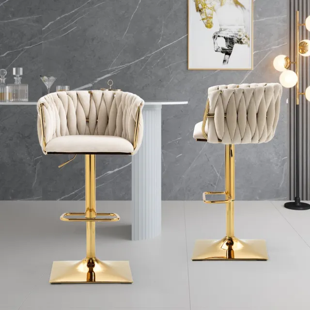 Sweiko Set van 2 Retro barkruk met rugleuning en voetensteun, aanrechthoogte eetkamerstoel, 360° rotatie, Beige