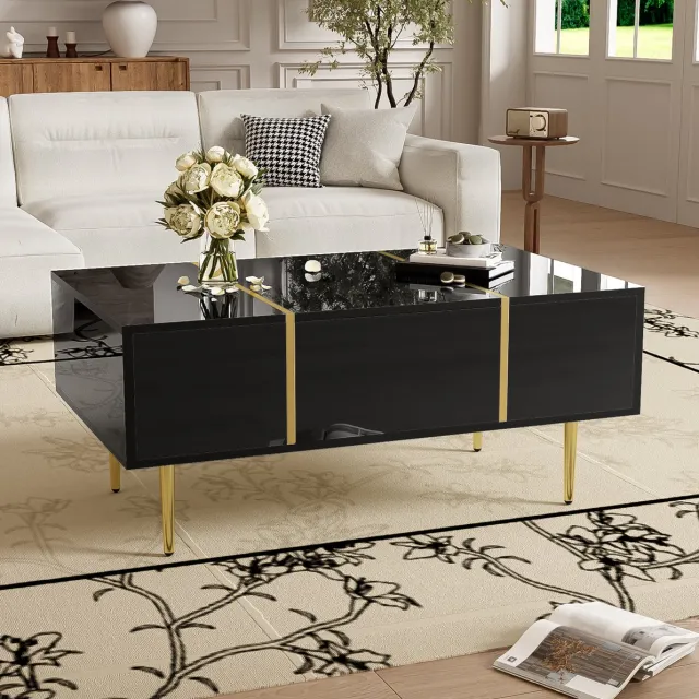 DESMIU Salontafel - Hoogglans Zwart Met 2 Lades - Modern Voor Woonkamer - MDF Met Goudkleurige Metalen Details - 100x60x41,5 Cm