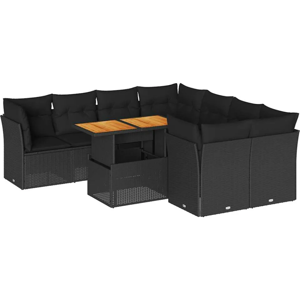 vidaXL 9-delige Loungeset met kussens poly rattan zwart, foto 3