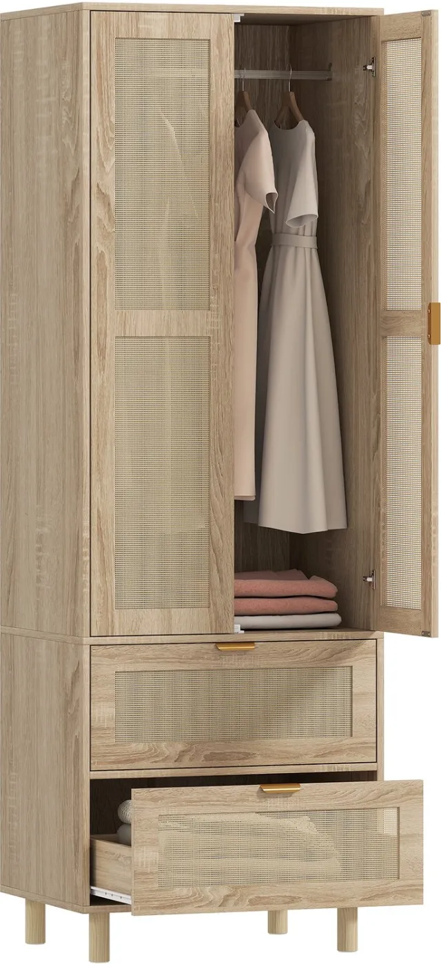 sogiol Kledingkastmet 2 rotan deuren - 2 lades en kledingstang - 63 x 47 x 185 cm - naturel hout