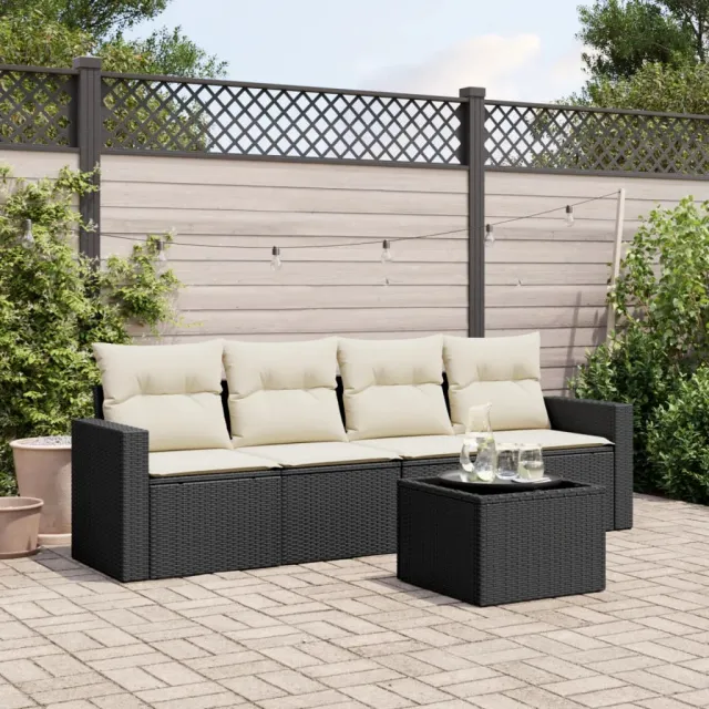 vidaXL 5-delige Loungeset met kussens poly rattan zwart, foto 2