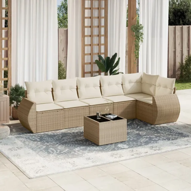 vidaXL 7-delige Loungeset met kussens poly rattan beige, foto 2