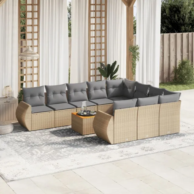 vidaXL 11-delige Tuinset met kussens poly rattan beige, foto 2