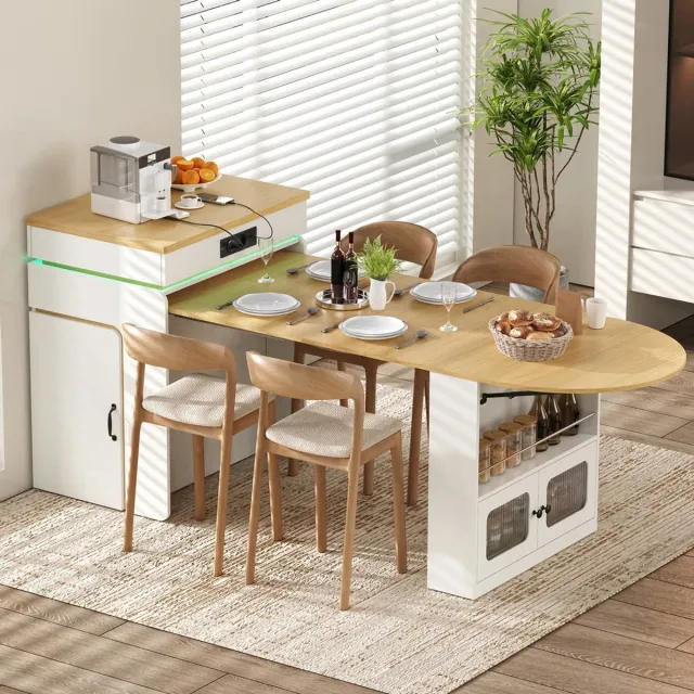 KOMHTOM Keukeneiland op wieltjes, uitschuifbare eettafel met stekkerdozen en ledverlichting, dressoir met lades, te gebruiken als keukeneiland, dressoir of bartafel voor keuken en eetkamer -Zonder stoelen (Wit)