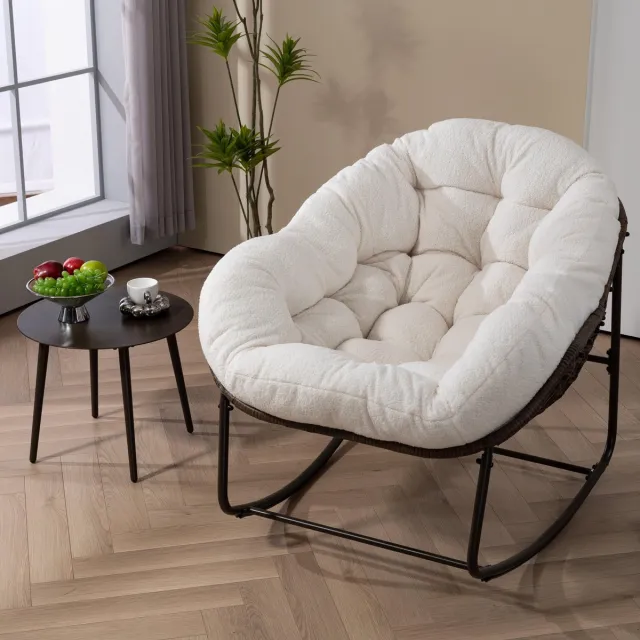 HAUSS SPOLE Schommelstoel - Handgeweven Kunstrotan - Comfortabele Oversized Fauteuil Met Kussen - Voor Tuin, Veranda En Woonkamer - Wit