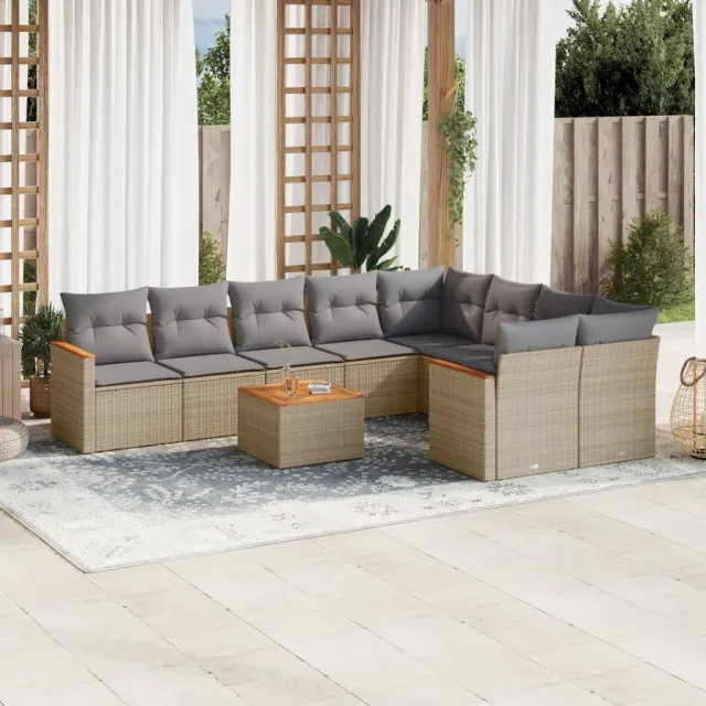 vidaXL 10-delige Loungeset met kussens poly rattan beige
