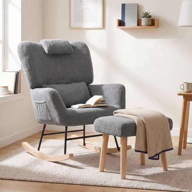 Mofor Schommelstoel met voetenbank - Relaxfauteuil met hoge rugleuning en zijvak - Teddy stof - Scandinavisch - Grijs