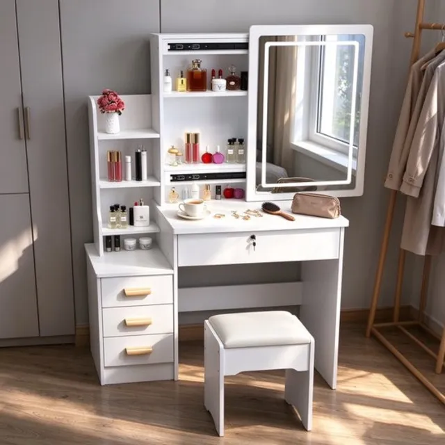 learnlogic Witte toilettafel met LED-verlichtte spiegel veel opbergruimte laden en bijbehorende kruk 80*36*125 cm