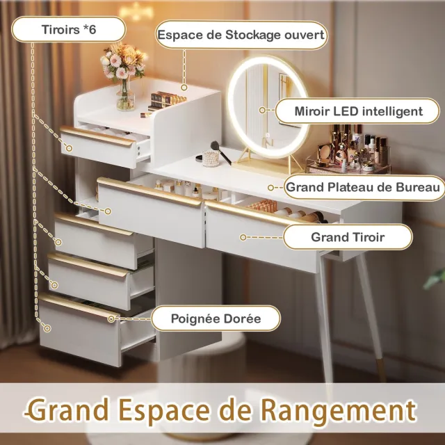 YYchan kaptafel - wit - 100 x 41,5 x 102 cm - met opbergruimte - met LED-verlichting