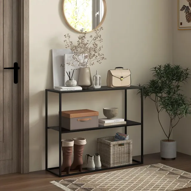 REDOM Sidetable - 2 open legplanken - anti-kantelbeveiliging - stalen frame - moderne stijl - hal en woonkamer - staal - Zwart - 90 x 30 x 75 cm