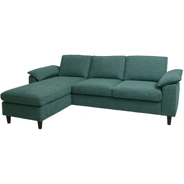 MCW Bankstel MCW-O71, L-vormige hoekbank, slaapgedeelte links/rechts, stof (320 g/m²), hout 84 x 229 x 140 cm ~ grijsgroen
