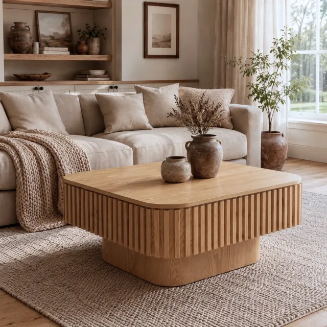 MODFU Salontafel - Verborgen Opbergruimte - Geribbeld - MDF - Naturel Hout - 75 X 75 Cm Natuurlijk hout