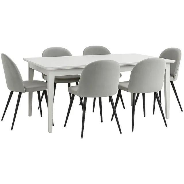 Tvilum Venedig eethoek eettafel wit 95x180/276 met 2 stuks extra plaat 6 stoelen velours grijs.