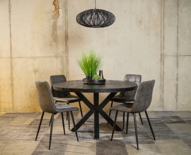Meubelplaats Combideal Eetkamerset: Ronde Zwarte Mangohouten Eettafel met 4 Leonardo Stoelen - Eethoek - Meubelplaats