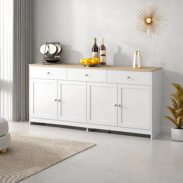 ROSAHQNDA Houten dressoir met 4 deuren, moderne keukenkast, ladekast, buffetkast, voor eetkamer, woonkamer (verzonden in 2 pakketten) Wit