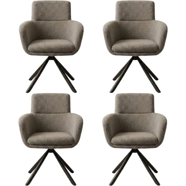 Fino Modo Vero Noce Eetkamerstoelen Set van 4 - Draaibaar 180° - Met Armleuning - Teddy Stof Grijs - Zwart Metalen Onderstel - Gestoffeerde Eetkamerstoel