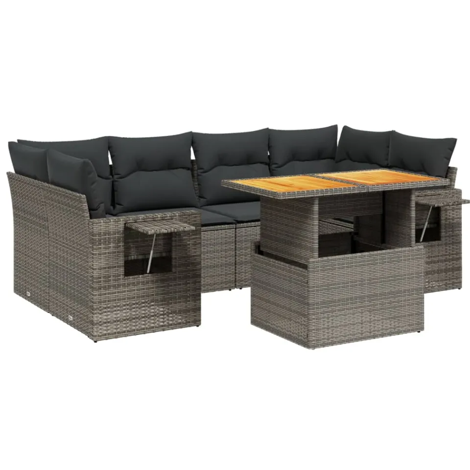 vidaXL 7-delige Loungeset met kussens poly rattan grijs, foto 3