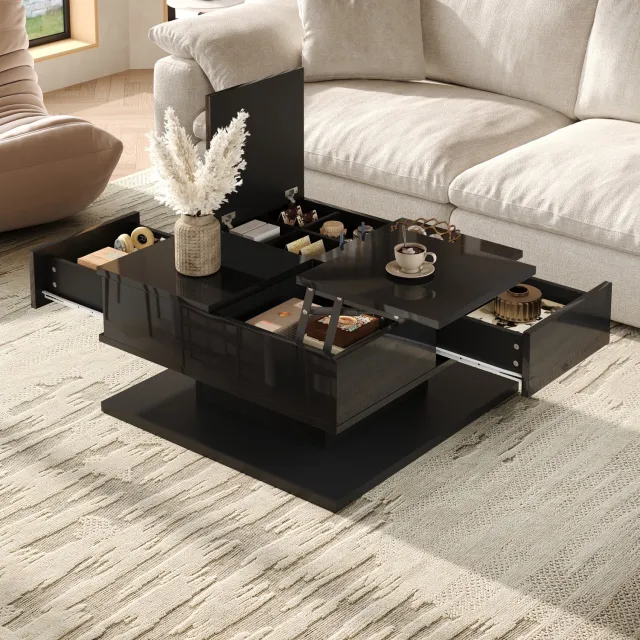 Wishdor Salontafel met verstelbaar blad en opbergruimte - Opklapbaar deksel met vakken en lades - LED verlichting via app - Zwevend ontwerp - MDF en bewerkt hout - Zwart hoogglans - 72 x 72 x 35 cm