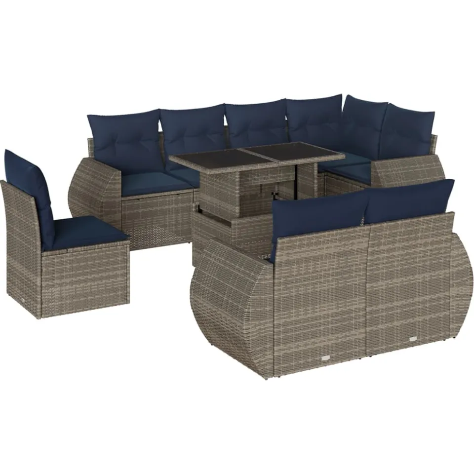 vidaXL 9-delige tuinbankset met kussens, grijs polyrotan, foto 3