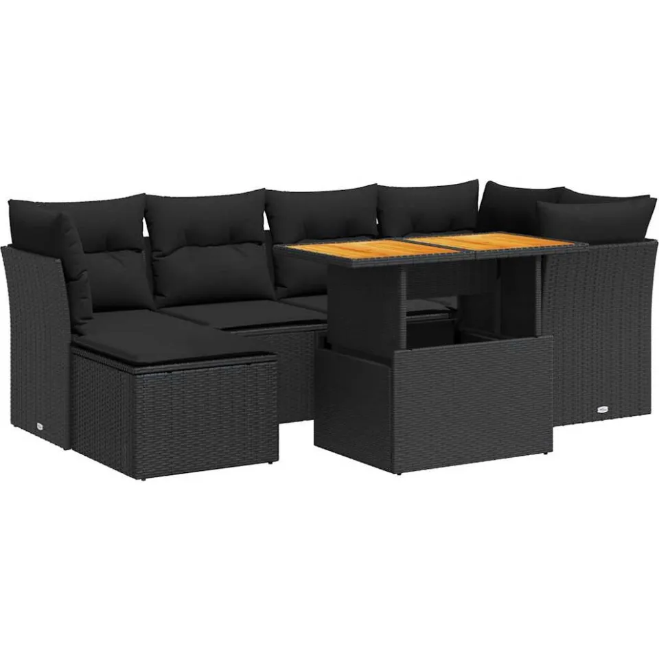vidaXL 7-delige Loungeset met kussens poly rattan zwart, foto 3