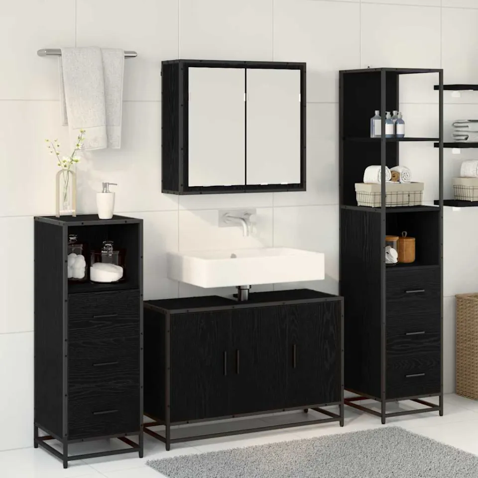 vidaXL Badkamermeubelset 4 st Zwart Eiken 90 x 33 x 60 cm Bewerkt hout, foto 3