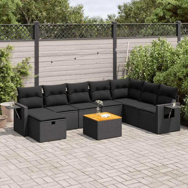 vidaXL 9-delige Loungeset met kussens poly rattan zwart, foto 2