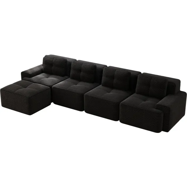 Merax L-vormige woonkamer 4-zits bank - chaise longue modulebank - corduroy diepe zits wolkbank - geen montage nodig - antislip ontwerp - zwart