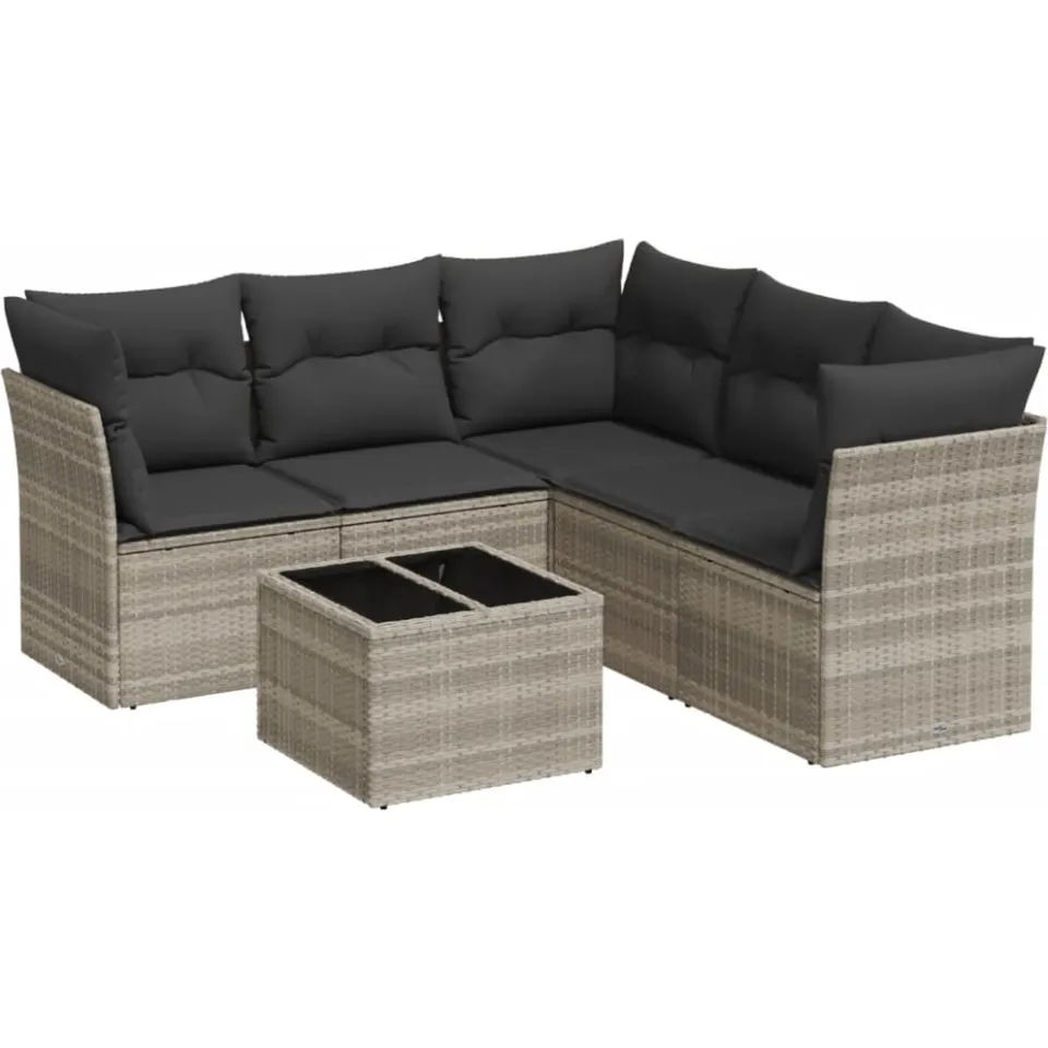 vidaXL 6-delige Loungeset met kussens poly rattan lichtgrijs grijs