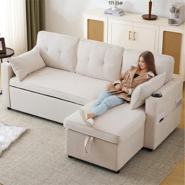 Welltin Hoekbank met slaapfunctie - L-vorm - 3-zits - omkeerbare chaise longue - opbergruimte - bekerhouder - 211 x 129,5 x 86 cm - Beige Donkergrijs